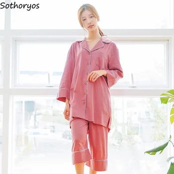 

Pajama Sets Women Autumn 2020 V-Neck Long Sleeve Turn-down Collar Cotton Pajamas Womens 2 Pieces Sleepwear Soft High Quality Set