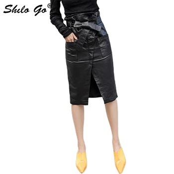 

Elegant Leather Skirts Womens Bow Lace Up High Waist Sheepskin Genuine Leather Split Pencil Skirts Female Knee Length Skirts