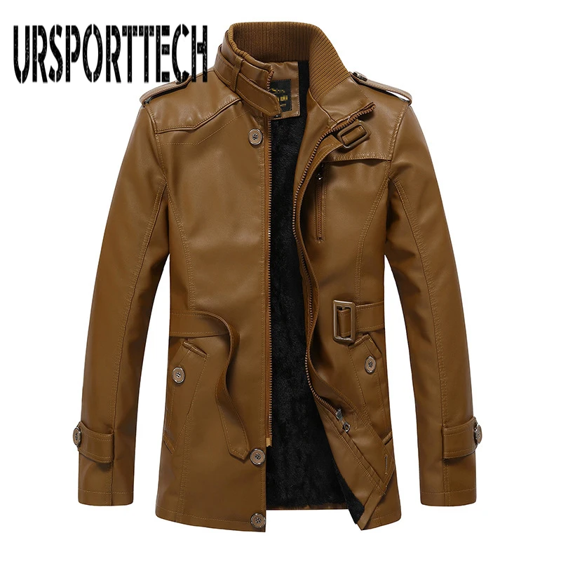 URSPORTTECH Brand Leather Jacket Men Coats High Quality PU Outerwear Men Business Winter Faux Fur Male Jacket Fleece Size L-4XL