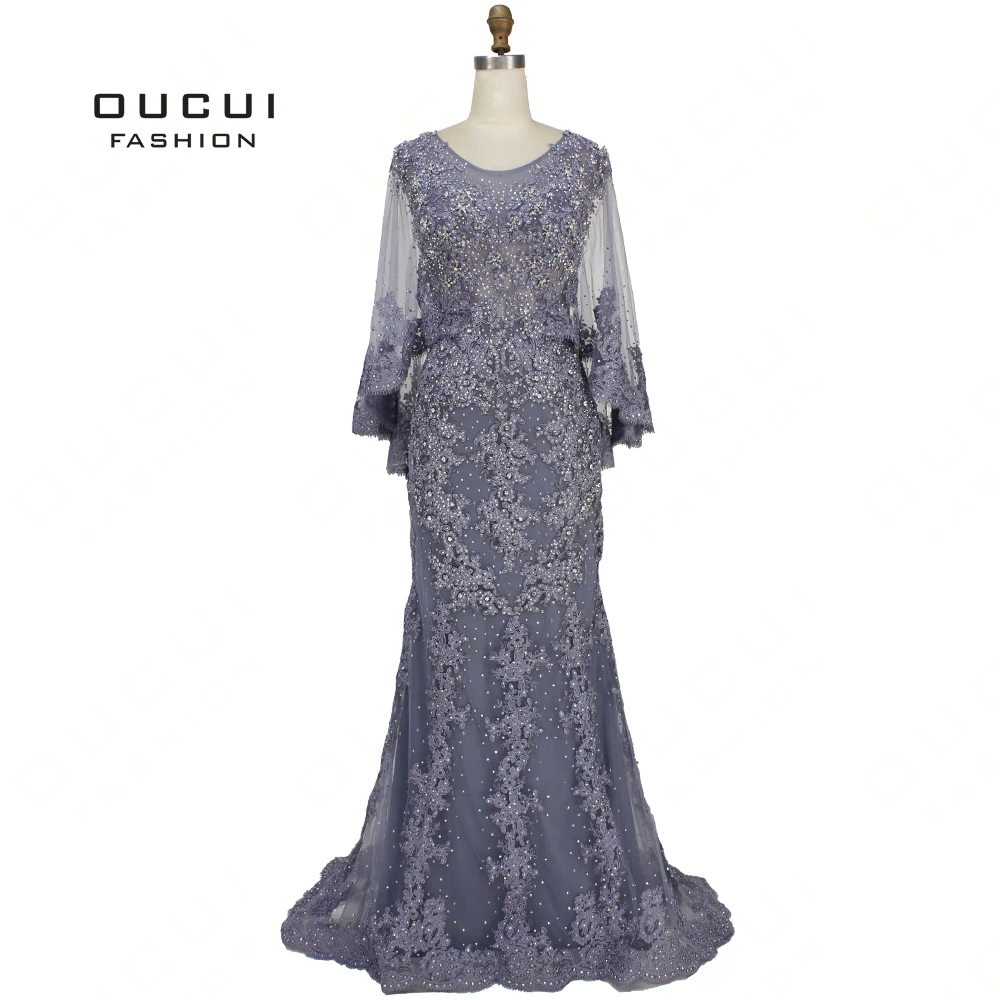 

2019 Grey Mermaid Evening Gown O-Neck Bead Pearl With Jacket See-through Back Formal Party Dresses Prom Dress Elegant OL103357
