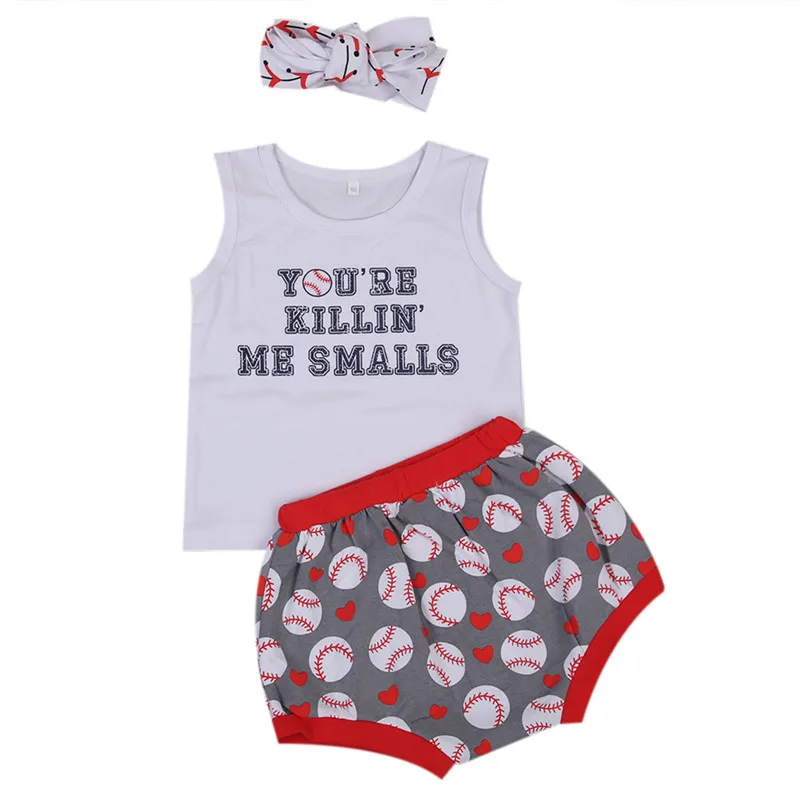 

2017 New Baseball Toddler Baby Girls Kids Vest+Shorts Headband 3pcs Outfits Clothes Set
