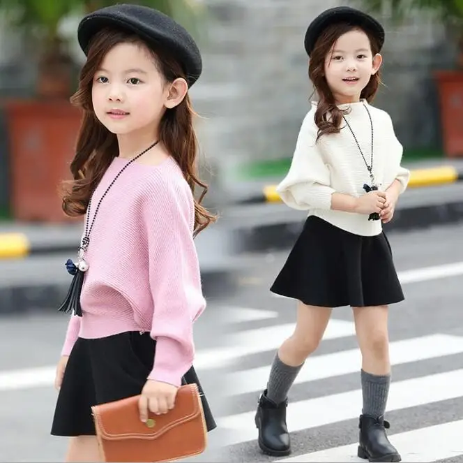 

Spring Autumn Long-sleeved Sweater For Girls Casual O-neck Batwing Sleeve Knitted Pullover With A Skirt Roupas Infantis Menina