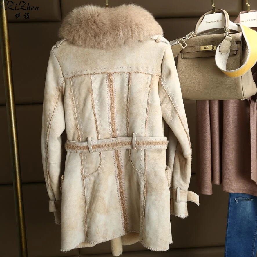 Winter Women's Double-faced Fur Real Lamb Fur Kid Suede Coats Natural Fox Fur Collar Long Jacket The Coat Promotion 180629-1