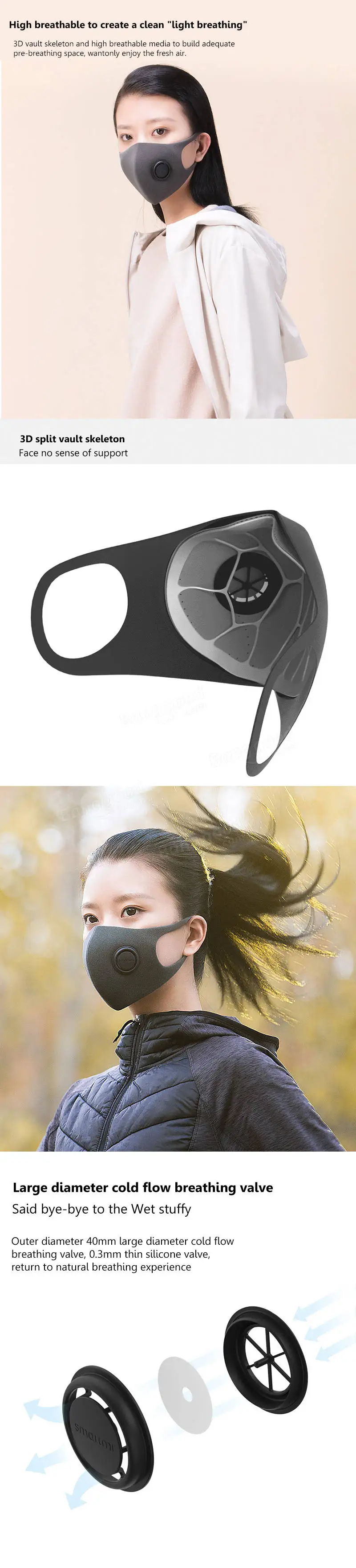 Xiaomi Mijia Smartmi фильтр-маска блок 97% PM 2,5 с вентиляционным клапаном долговечный материал ТПУ фильтр-маска умный дом 1 шт