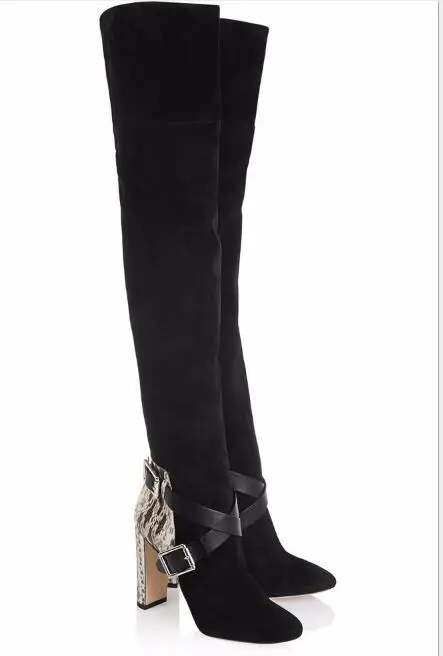 

Spring and fall woman black snake skin high heel round toe over-the-knee long boots Ladies super high chunky heel thight boots