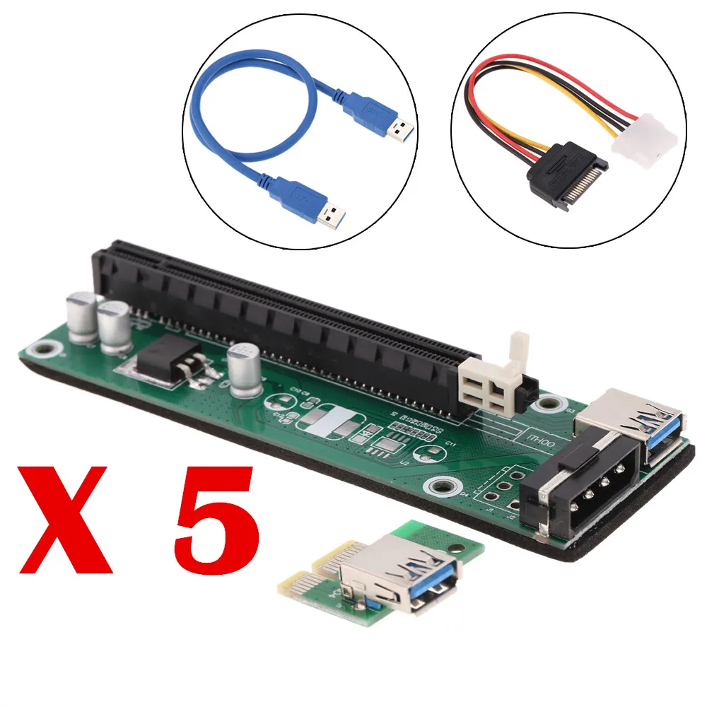 5 шт. USB 3,0 PCI-E PCI Express 1x to 16x удлинитель Riser Board Card Adapter с кабелем питания SATA и usb-кабелем