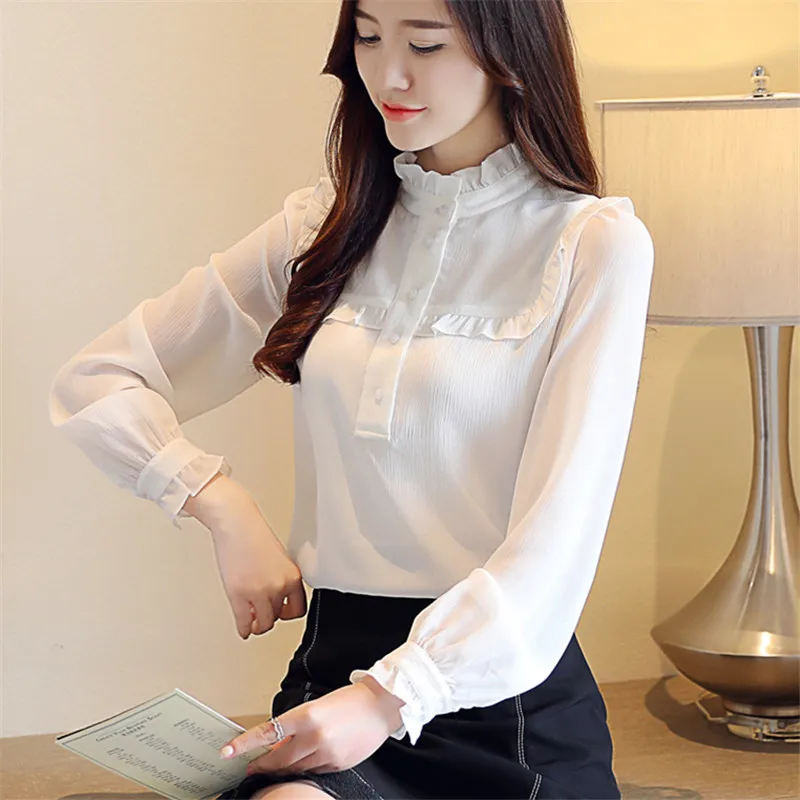 Женская рубашка с длинным рукавом белая элегантная Однотонная воротником в виде