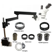 7X-90X Articulating Arm Pillar Stereo Zoom Microscope 2.0X Objective Lens Trinocular Microscopio 144 Led ring lights 7X-90X Articulating Arm Pillar Stereo Zoom Microscope 2.0X Objective Lens Trinocular Microscopio 144 Led ring lights