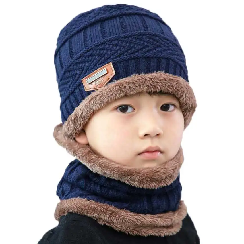 

Boys Winter Hat And Scarf Set For Children Girl Soft Stretch Cable Knitted Beanie Icon Cap Ring Scarves Kids Bonnet Warm 2 Pcs