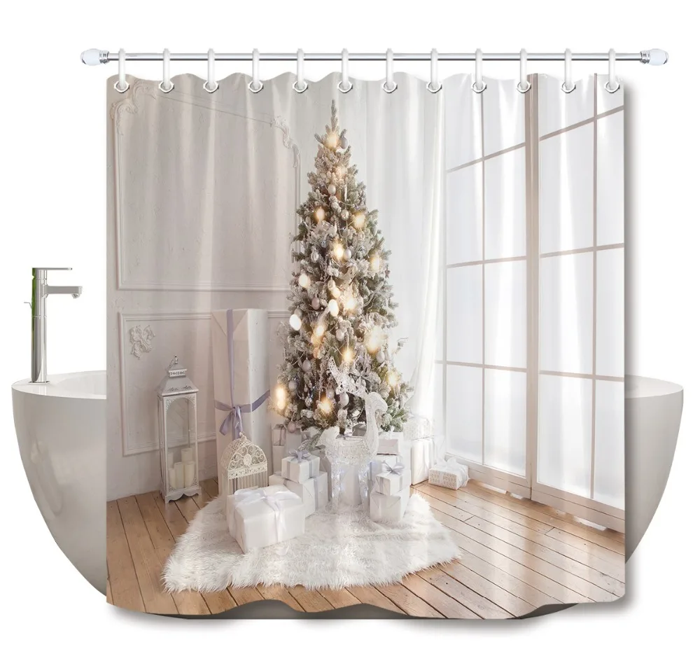 Интерьер гостиной с рождественской елкой и подарками занавеска для душа с ковриком набор роскошная ванная комната ткань для художественного ванной декора