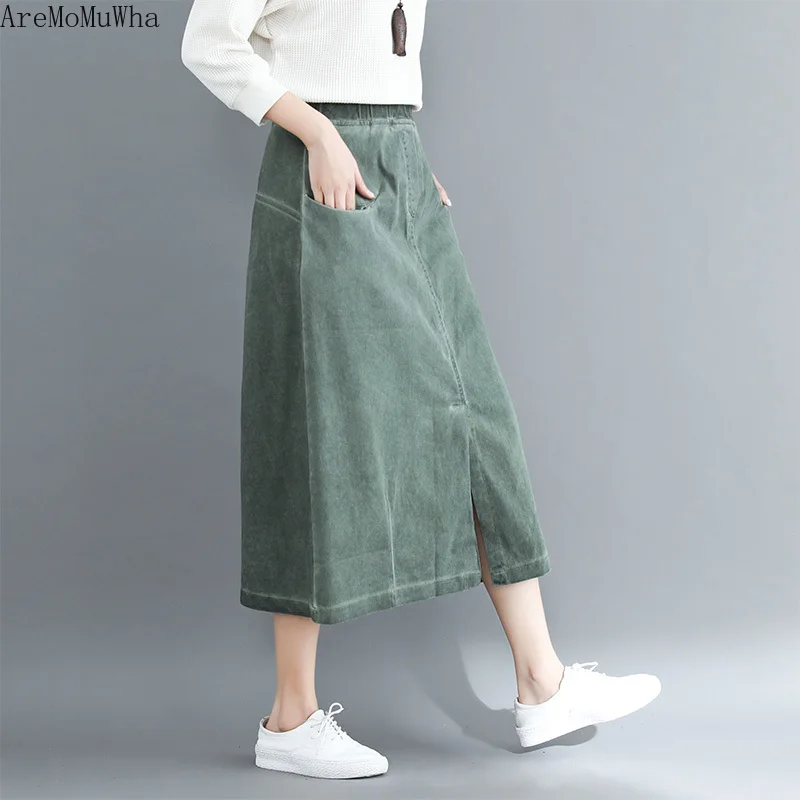 

AreMoMuWha New Wild Large Size High Waist Skirt Female Korean Version of Elastic Waist Split Long Paragraph A Word Skirt QX363