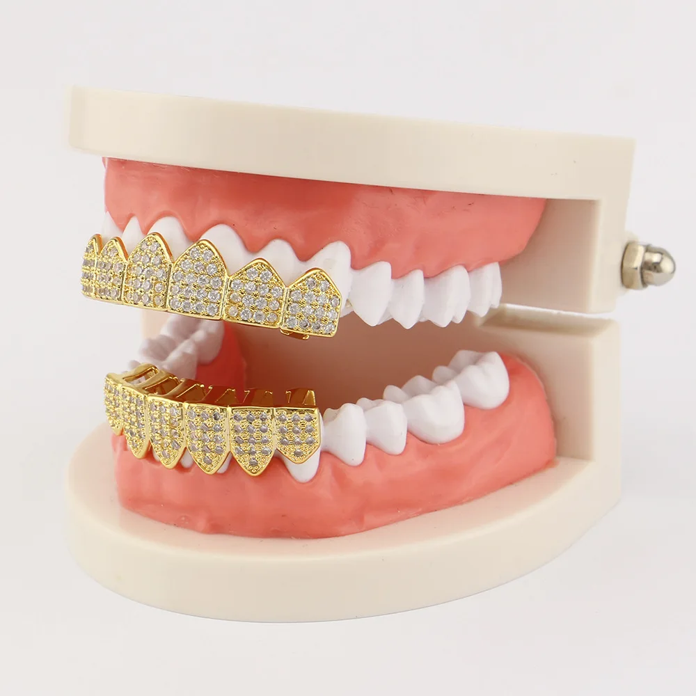 

Gold Plated Crystal Hip Hop for Bling Teeth Fangs Caps Top Bottom Grill Rapper Cross Halloween Jewelry Gifts False Teeth Deco