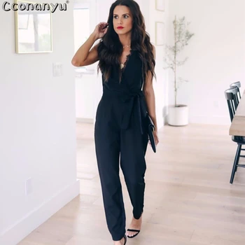 

Women Pocket Jumpsuit 2019 Summer Sexy Lace Sleeveless V-Neck Jumpsuit Ladies Belt Long jumpsuit women black casual
