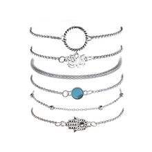 6 шт./компл. Boho женский полый ладонь круглый самоцвет бисера цепной серебряный браслет набор изысканные вечерние многослойный браслет ювелирные изделия аксессуары