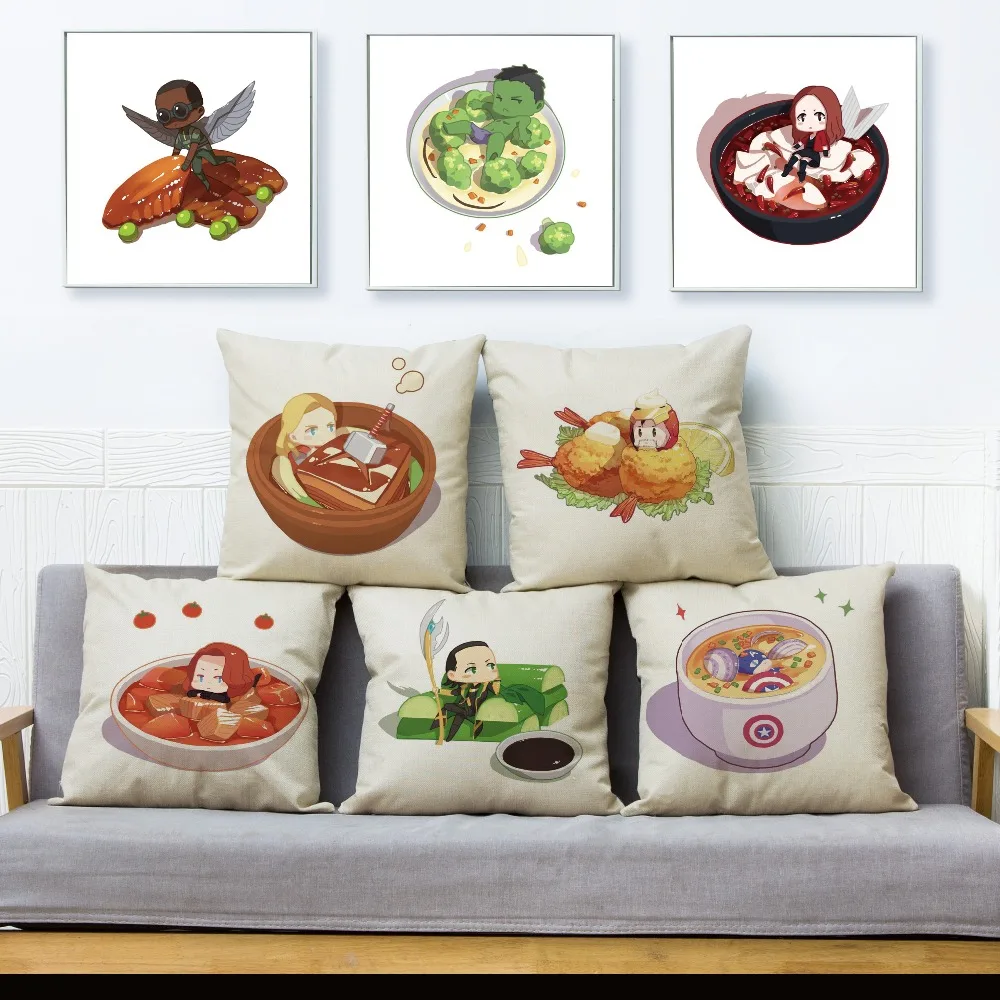 

Cute Cartoon Marvel Avenger Hero Food Cushion Cover Sofa Superman Spider man Iron Man Deadpool Pillow Case Decor Pillow Cover