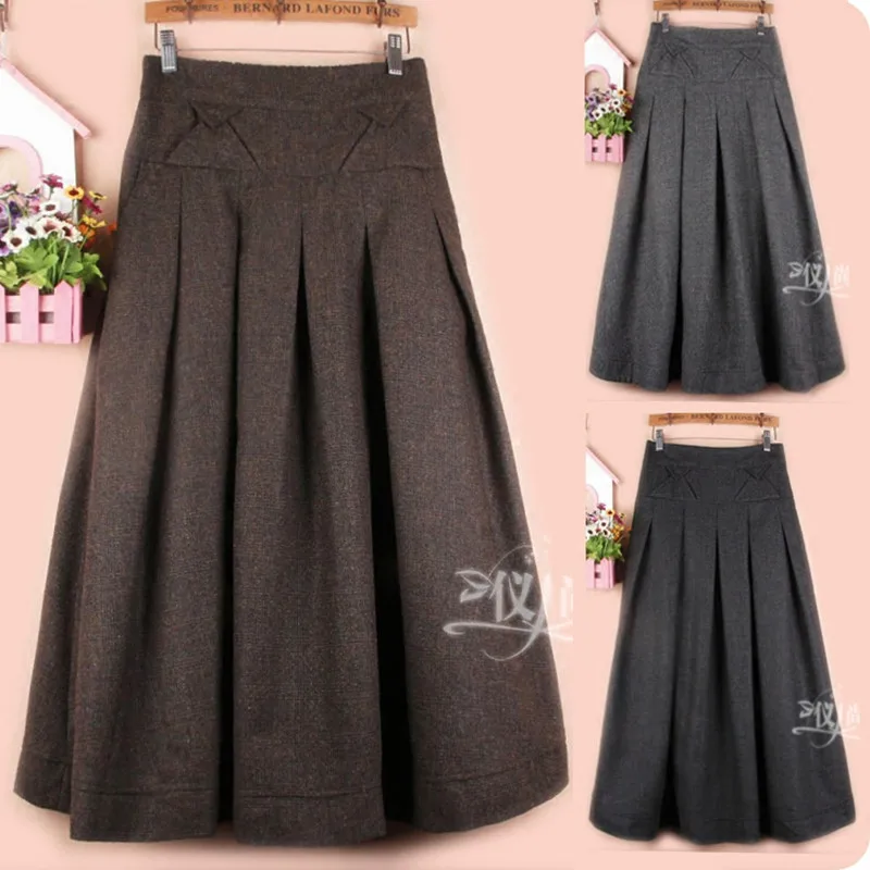 Free Shipping 2021 New Fashion Long Maxi A-line Skirts For Women Elastic Waist Autumn Winter Pleated Wool Skirt Balck And Grey on sale modern red long sleeve prom party dresses v neckline high side split pleated wedding guest gowns sweep train 2021