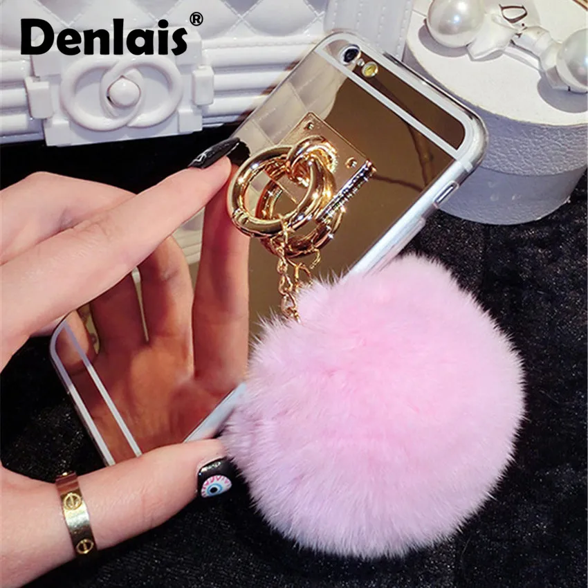 

Fashion Mirror Rabbit Fur Ball Tassel Case For Huawei P8 P9 Lite Capa Metal Ring Plush Clear Phone Cases For Huawei P10 P10 Plus