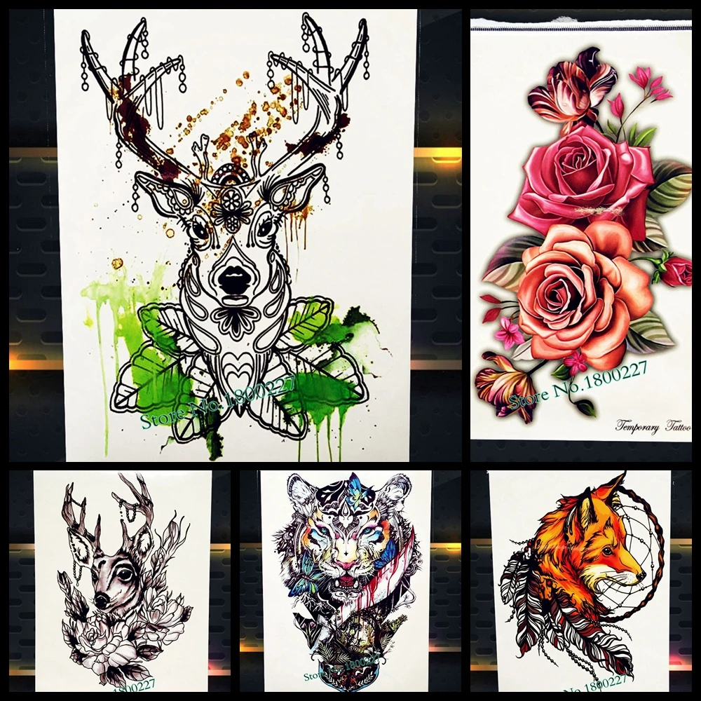 

25 стиль длительный олень Временные татуировки женский боди-арт тату для рук рукав хна Роза 21x15 см лося поддельные флэш тату черный