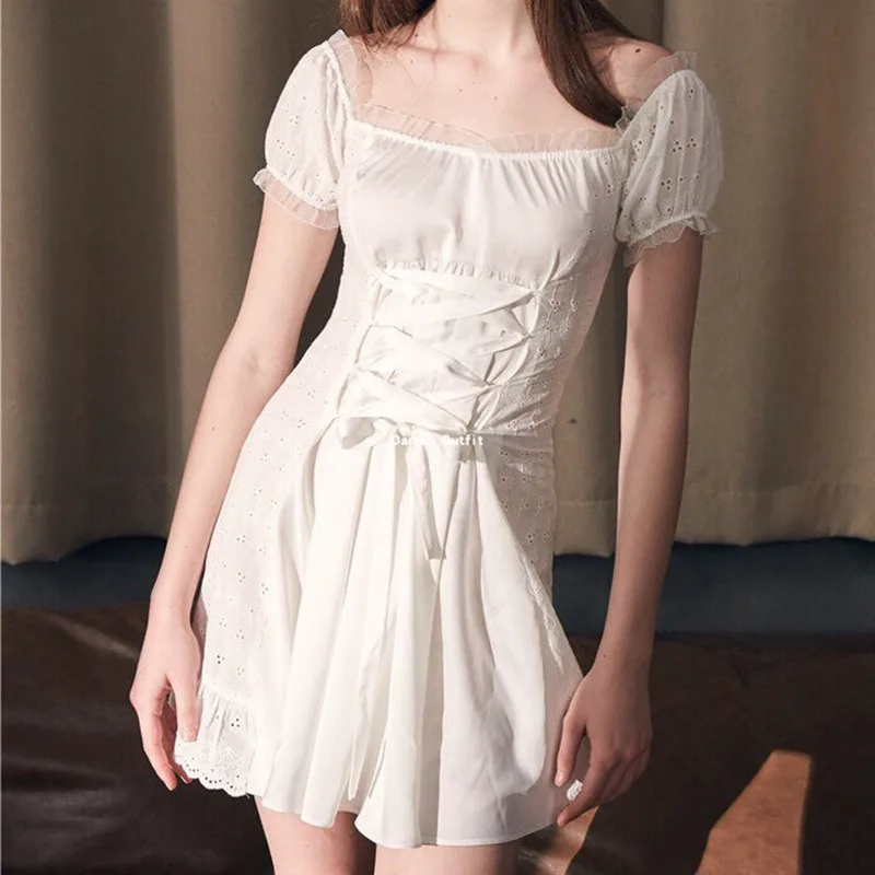 

White Lace Mini Dress Off Shoulder Sexy Dresses Cotton Summer Front Bandages Women Sweet Cute Vestidos