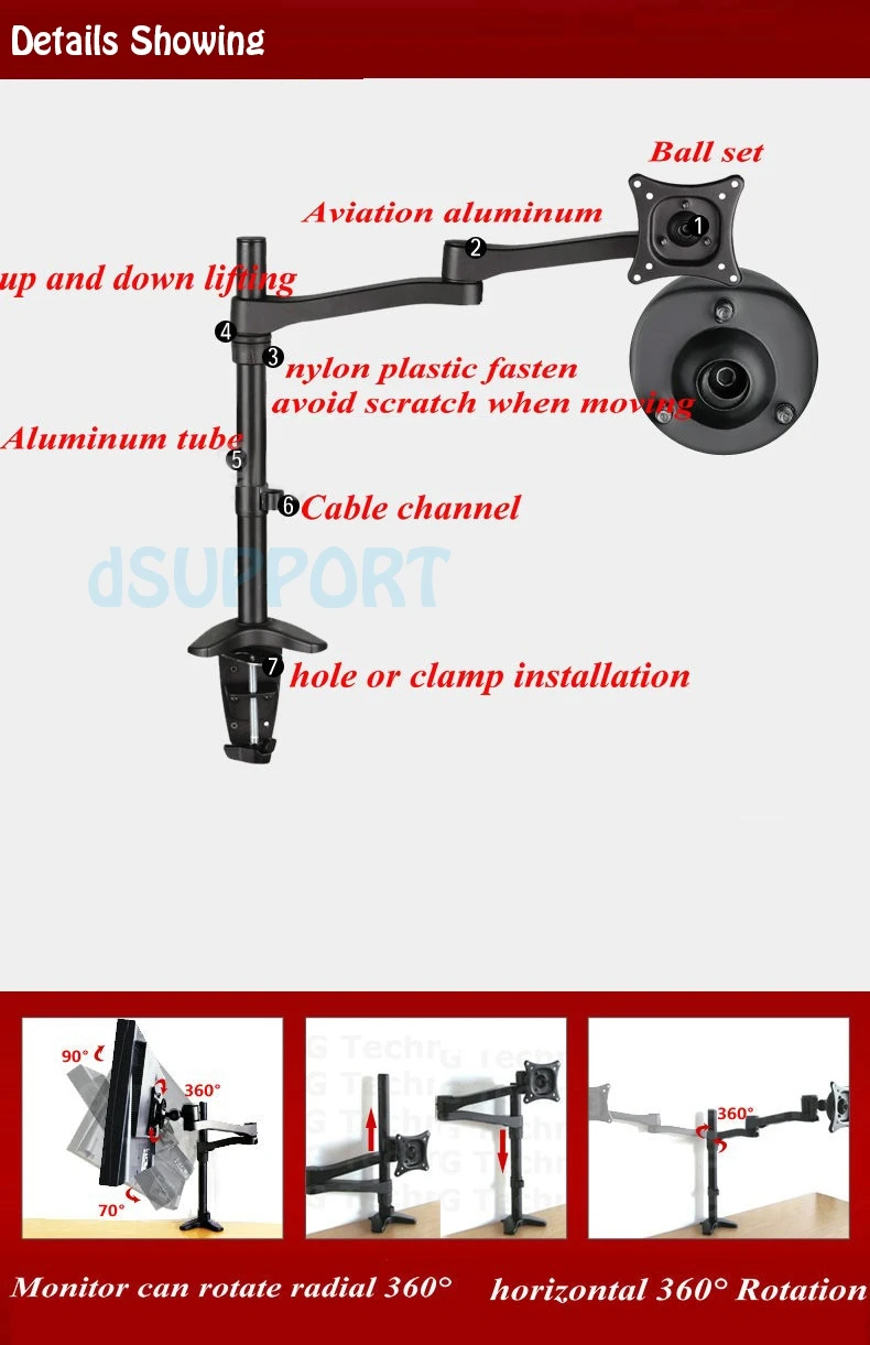 MD1021 Алюминиевый Настольный кронштейн для монитора Full Motion 360 градусов 13-2" ЖК-светодиодный держатель для монитора компьютера 5 кг серебристый