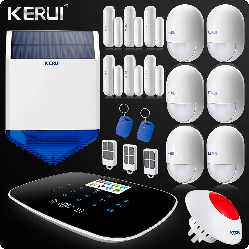 

Kerui RFID 3G 4G WIFI Alarm PSTN GSM SMS Home Burglar System LCD GSM SMS Touch Screen Alarm Panel Home Security Solar Siren
