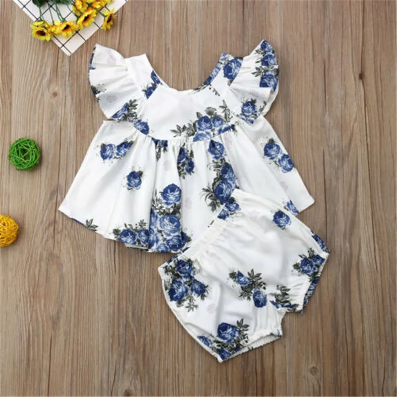 

PUDCOCO New 2pcs Suit Floral Print Fly Sleeve Top Small Shorts Baby Girl Summer