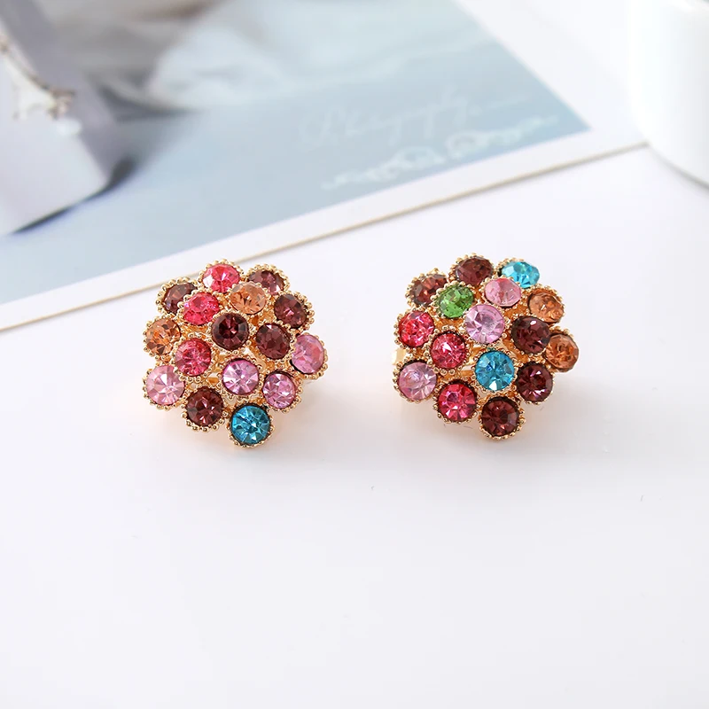 

New Fashion Gold Girl Flower Basket Ear Clip Colorful Crystal Beautiful Clip Earrings Jewelry Without Puncture