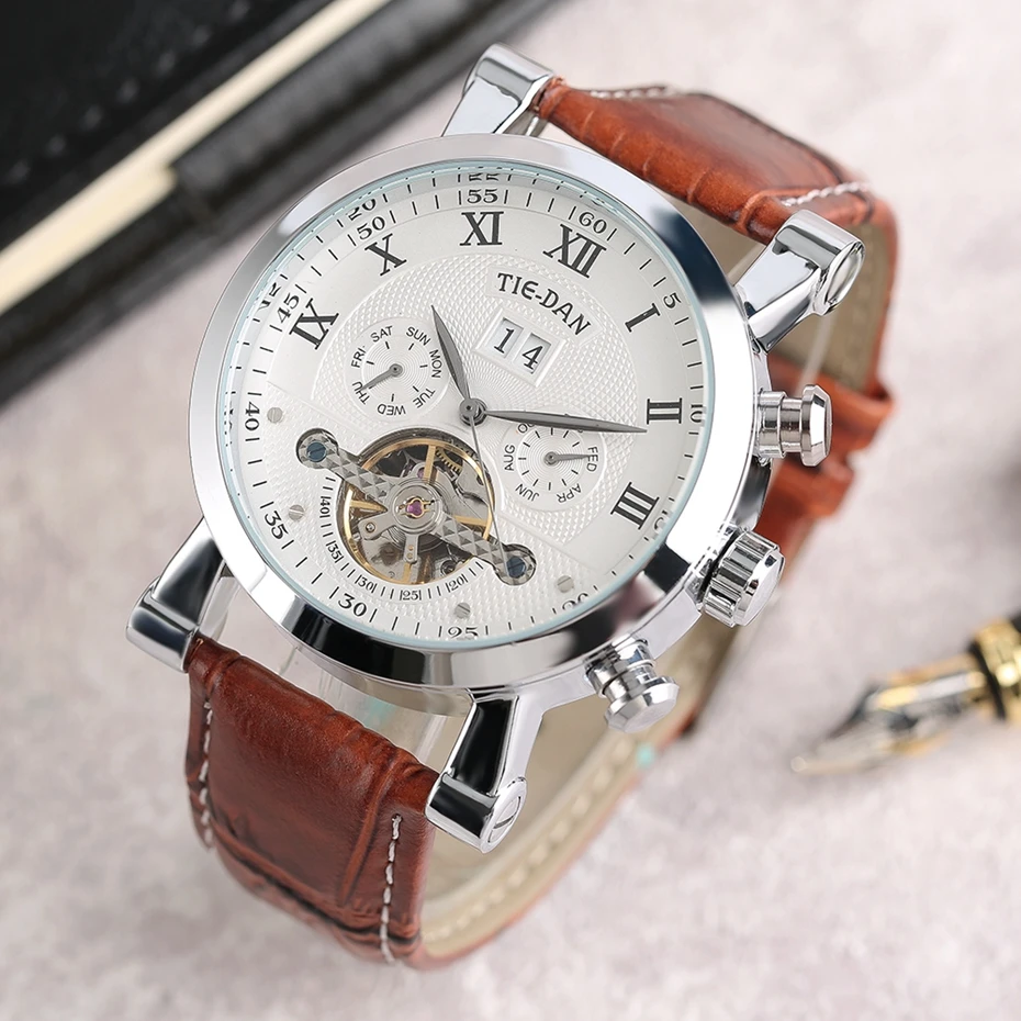 Men's Tourbillon Mechanical Watch Luxury Business Self-Winding Wrist Watch Trendy Genuine Leather Fashion New Time Date Display Best Christmas GiftS for Men Male (21)