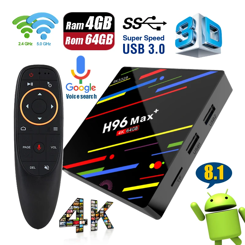 

H96 Max + Plus Rom 4G Ram 64G Google Voice Search Remote Control Smart TV Box Android 8.1 USB 3.0 Dual Wifi 4K UHD Set Top Box