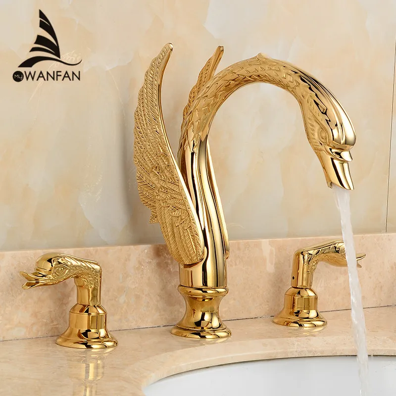 Luxury Bathroom Basin Faucets Gold Finish Swan Home Decoration Tap Dual Handle Three-hole Modern Washbasin Crane Tap  LH-16831