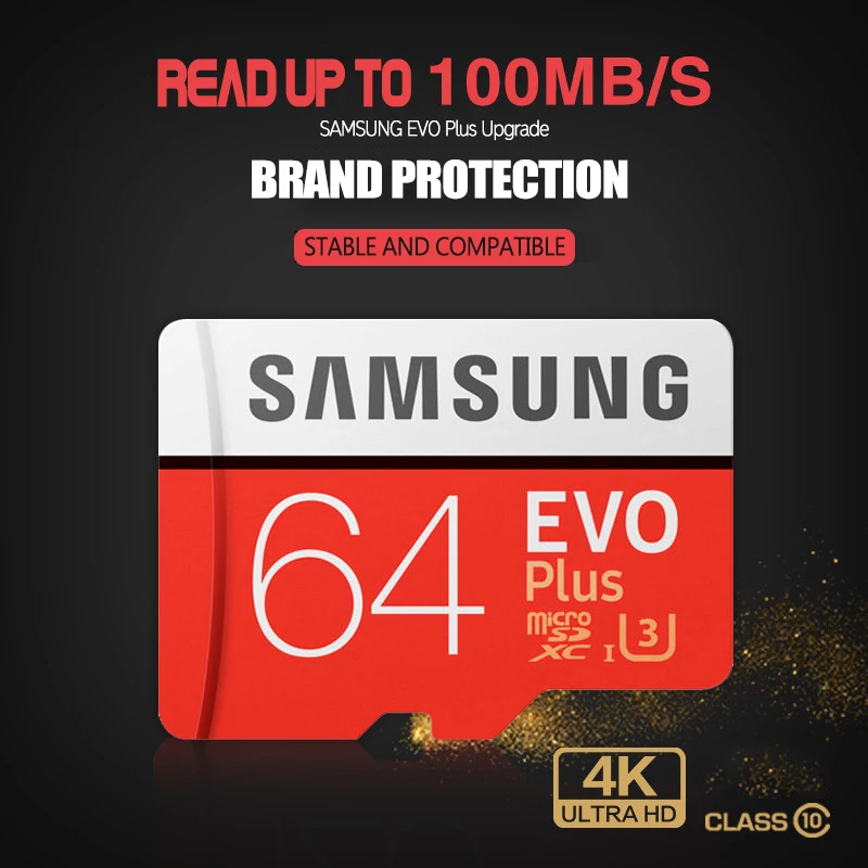 Карта памяти MicroSD SAMSUNG EVO Plus Micro SD карты памяти 64 ГБ microSDXC U3 C10 UHS-I 100 МБ/с. Разъем для карты TF 4 к HD с адаптером и USB 3,0 кард-ридер