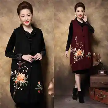 

2018Autumn Middle Age Women Plus size Elegant long Dress twinset floral Embroidery Rhinestone two piece dress vestidos L-XXXXL