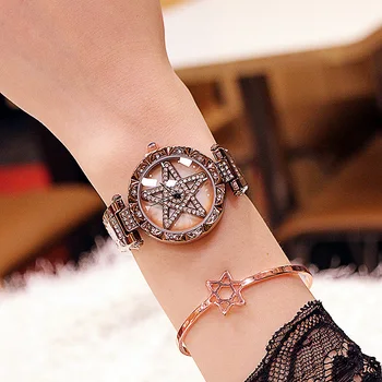 

Women Rhinestone Watches Lady Rotation Dress Watch Brand Dial Bracelet Wristwatch Crystal Star Watch Pentagram Relogio Feminino