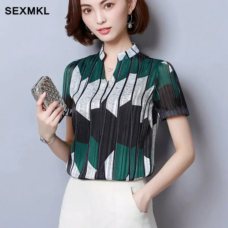 

SEXMKL Blusas Femininas Womens Blouses and Tops 2019 Summer Chiffon Printed Blouse Short Sleeve Sexy Casual Office Ladies Shirts