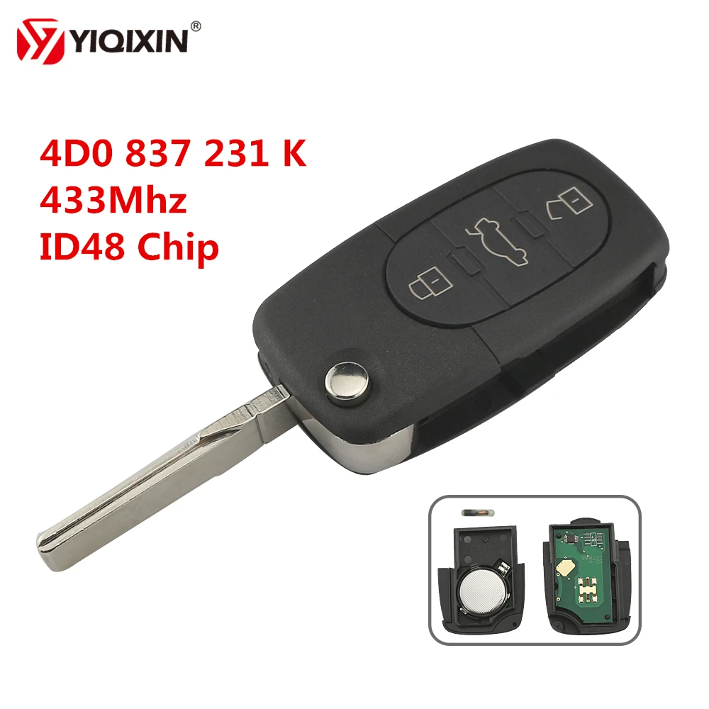 

YIQIXIN 3 Button Remote Key 433Mhz Keyless Entry Fob ID48 Transponder Chip for Audi A2 A3 A4 A6 A8 TT Old Models 4D0 837 231 K
