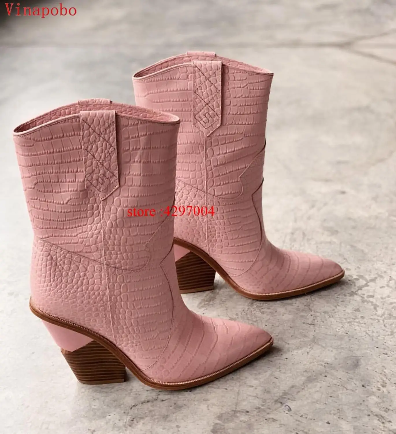 Fashion Cowboy Ankle Boots Women Shoes Pu Leather Wedge Chunky High Heel Boots Snake Print Western Cowgirl Boots Black PINK - Цвет: as the picture