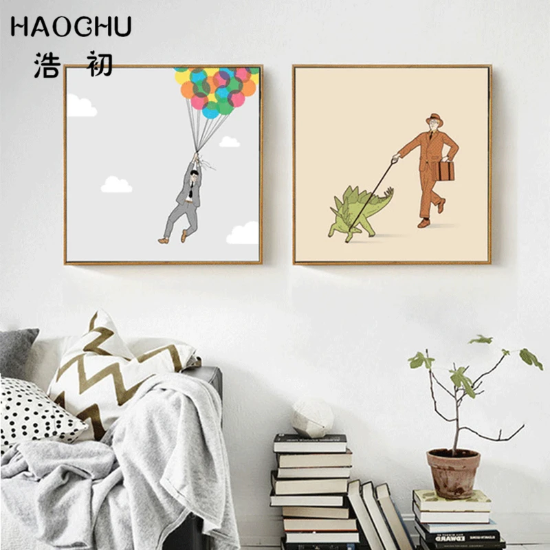 Haochu Dessin Anime Amusant Ballon Pour Homme Marche Toile De Dinosaure Peinture Murale Paysage Minimaliste Moderne Decoration Pour Chambre A Coucher Et Maison Aliexpress