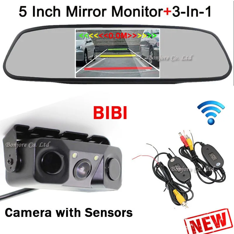 

3 in 1 Wireless Car Parking sensors Rearview Camera Reverse + 5 inch Mirror Monitor Digital LCD Screen Display Parking System