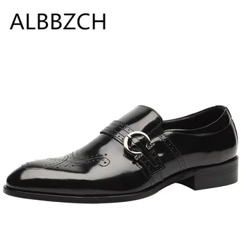 

New men's dress shoes fashion brogue carving buckle design slip on wedding shoes high grade office work shoes plus size 38 44