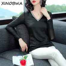 Европа осень Для женщин высокое уличный стиль пикантные с v-образным вырезом с длинными рукавами в стиле пэчворк свободные футболки женские Повседневное рубашки футболки