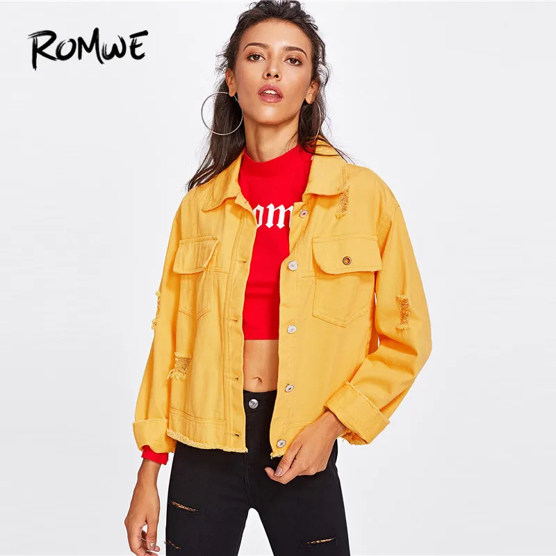ROMWE Slit Side Frayed Denim Jacket Casual Breasted Women Ripped Yellow Basic Coat Spring Fall Collar Long Sleeve Jacket