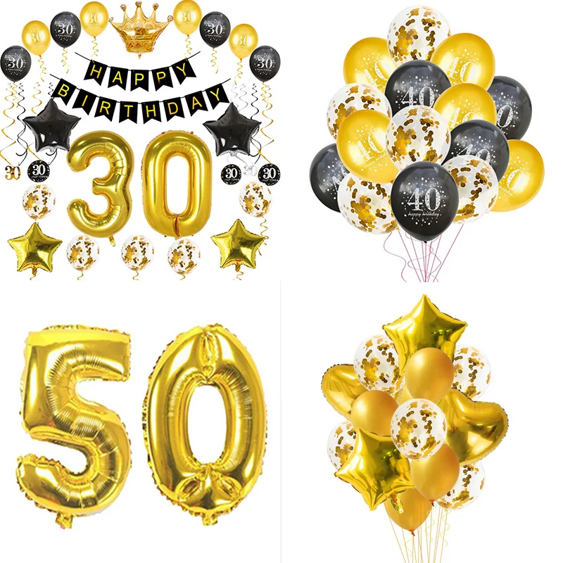 Черное золото с днем рождения баннер шары гелий номер Фольга шар для взрослых 30 40 50 60 день рождения украшения юбилей