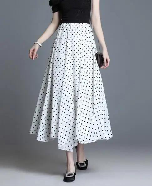 women s summer new two piece dress with shoulder pleated mini mesh tail banquet party 2022 Summer Spring Women Polka Dot Pleat Skirt Female Black High Elastic Waist Party Sweet Pleated Mesh Skirt