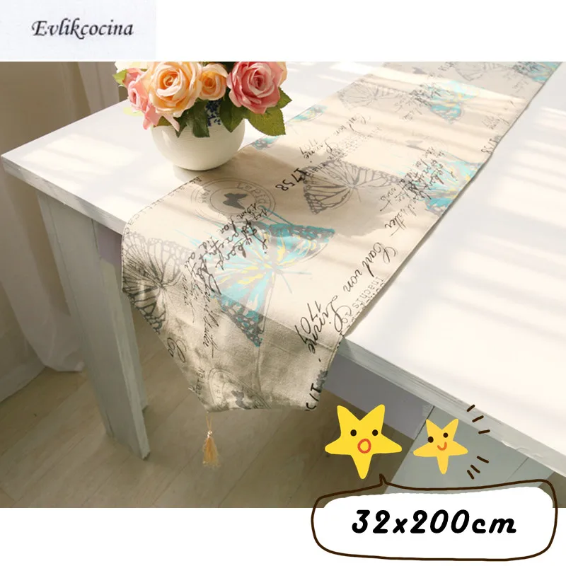 Free Shipping 32x200cm Linen Cotton Table Runner For Wedding Party Butterfly Corridore Della Tabella Chemin De With Tassel | Дом и сад