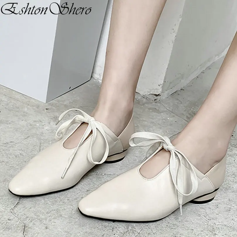 

EshtonShero Summer Women's Shoes Woman Platform Leather Pointed Toe Square Low Heels Lace Up Ladies Party Wedding Shoes Size3-9