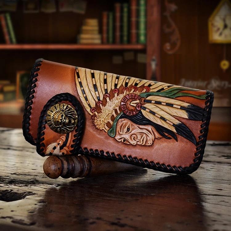 HONG KONG OLG. YAT cartera para hombre monedero carteras de cuero curtido Vegetal piel de Vaca mano tallada A Mano las tribus Indias largo cerrojo bolsos para hombre|handmade wallets men|handmade