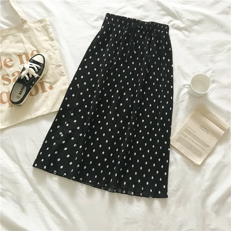 

2019 Vintage Dot Print Women Skirt A Line Ladies Casual Summer Mid Calf Skirts Lace-up Pleated Skirt Faldas Mujer Moda 2019