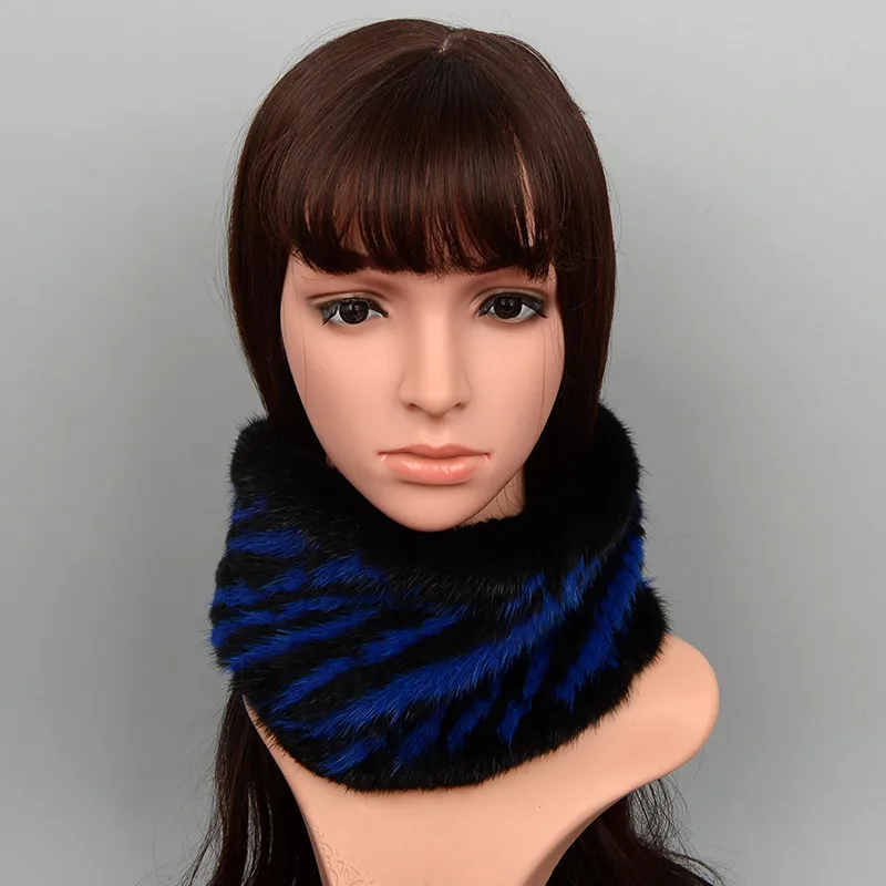 Зимние вязаные шарфы с кольцом, женские шарфы из натурального меха, женские шарфы, женские шали из меха норки для женщин, женские шали - Цвет: black blue