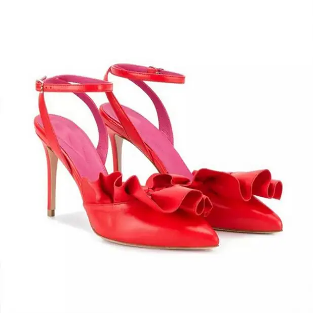 Пикантные красные женские туфли-лодочки с оборками; плиссированные туфли с острым носком на тонком каблуке с ремешком на щиколотке; женские туфли-лодочки с ремешком и пряжкой на шпильке