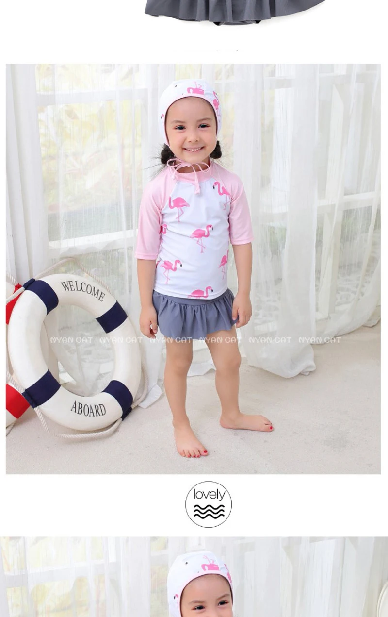 Одежда для купания для маленьких девочек с изображением фламинго; цвет розовый, белый; комплект из 3 предметов; милая одежда для купания; детский солнцезащитный купальный костюм; детский купальный костюм; Быстросохнущий